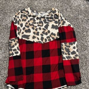 Red and Black Plaid Womens Shirt with Leopard Print